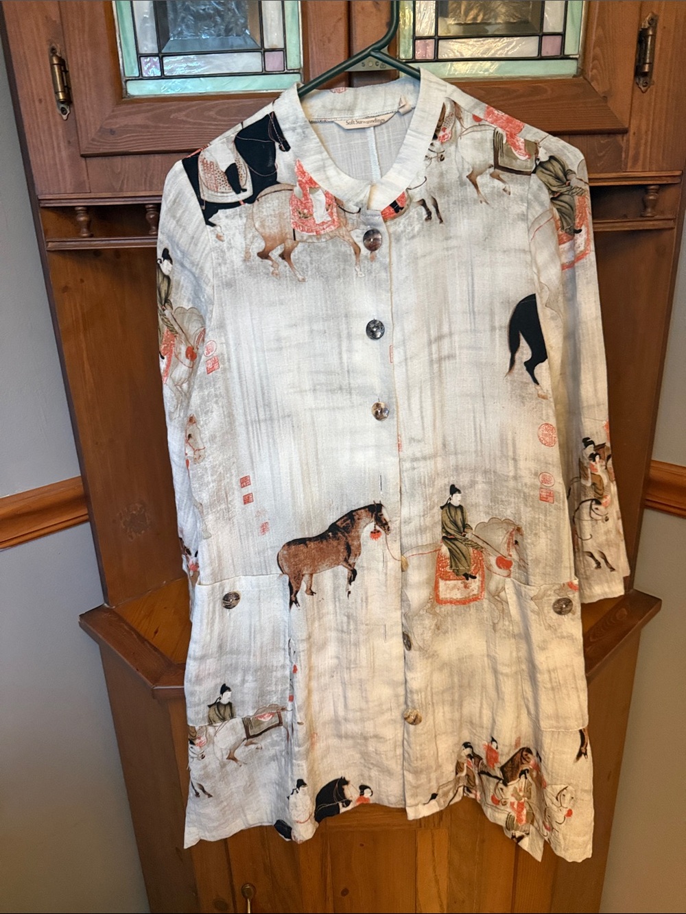 Soft Surroundings Song Dynasty Asian Horse Print Tunic Blouse Lagenlook S
